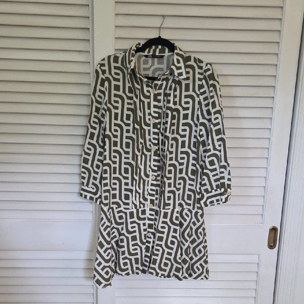 Zara Long Sleeve Dress - Olive and White